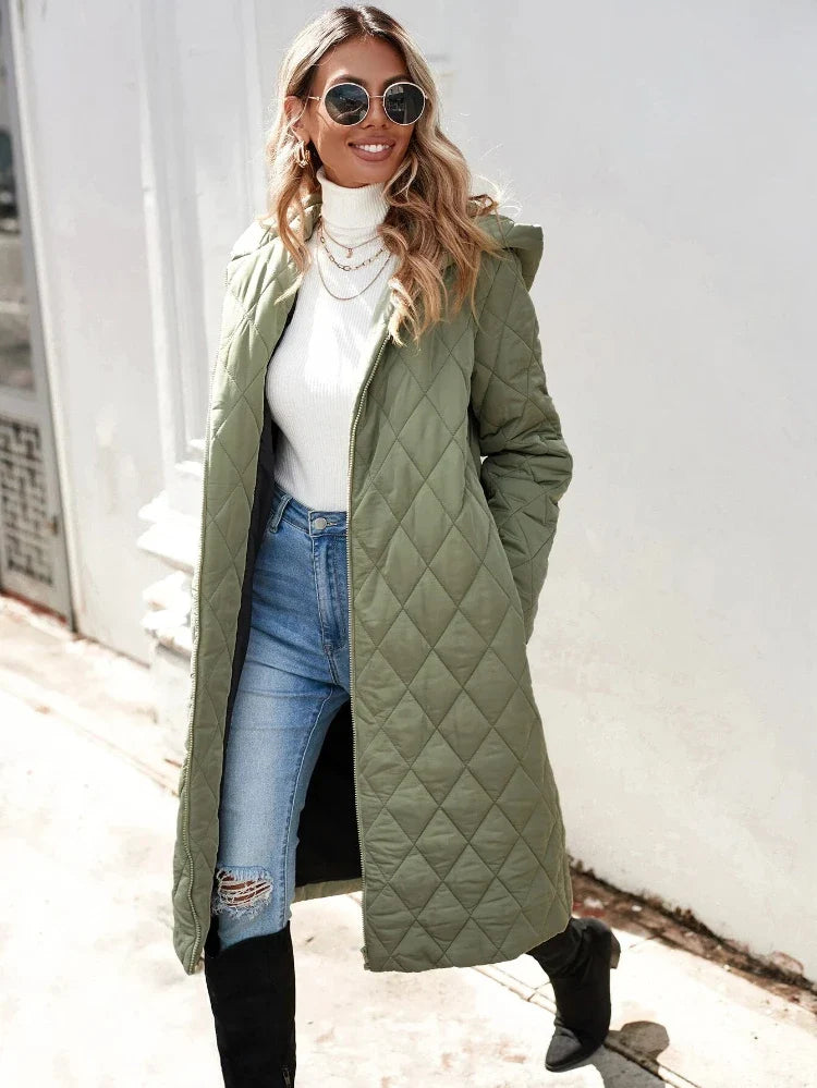 LARA - Chaqueta de plumón verde elegante con capucha para mujer - Abrigo largo acolchado