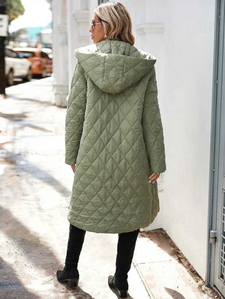 LARA - Chaqueta de plumón verde elegante con capucha para mujer - Abrigo largo acolchado