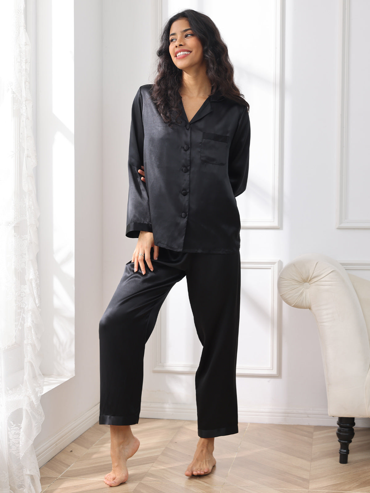 LUNA - Set Pigiama in Seta di Lusso per Donna | Morbida Camicia da Notte con Bottoni