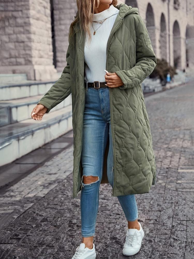 LARA - Chaqueta de plumón verde elegante con capucha para mujer - Abrigo largo acolchado