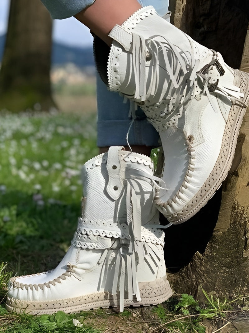 SIERRA Botas de mujer – Estilo occidental bohemio con aspecto de ante y flecos | Imprescindible para festivales