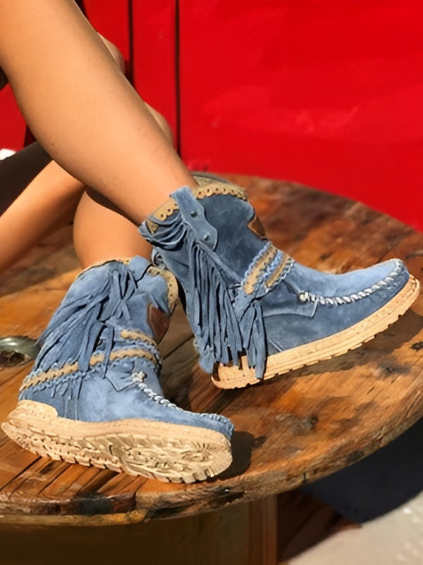 SIERRA Botas de mujer – Estilo occidental bohemio con aspecto de ante y flecos | Imprescindible para festivales