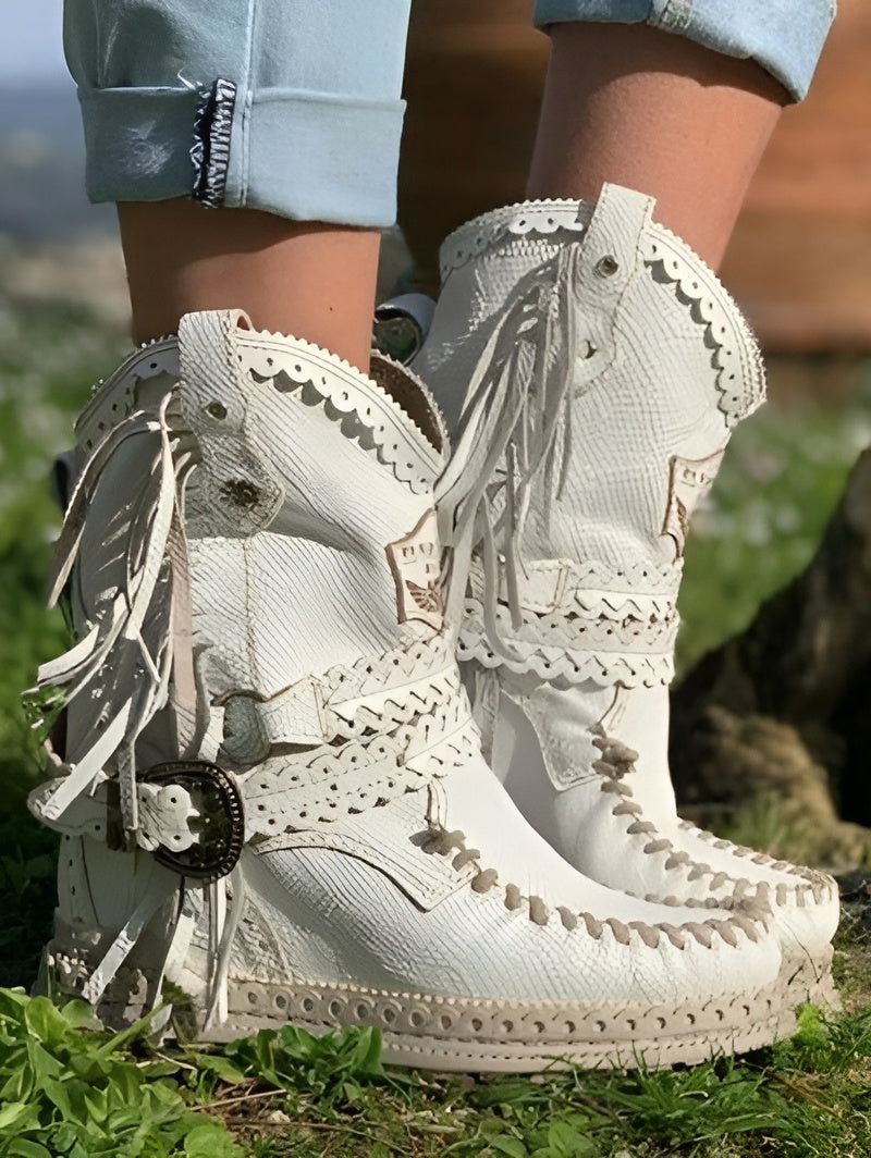 SIERRA Botas de mujer – Estilo occidental bohemio con aspecto de ante y flecos | Imprescindible para festivales