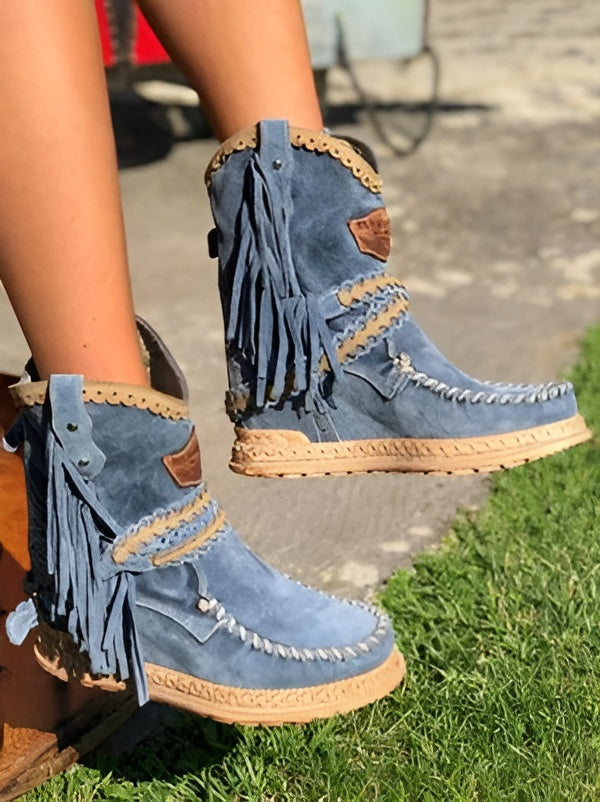 SIERRA Botas de mujer – Estilo occidental bohemio con aspecto de ante y flecos | Imprescindible para festivales