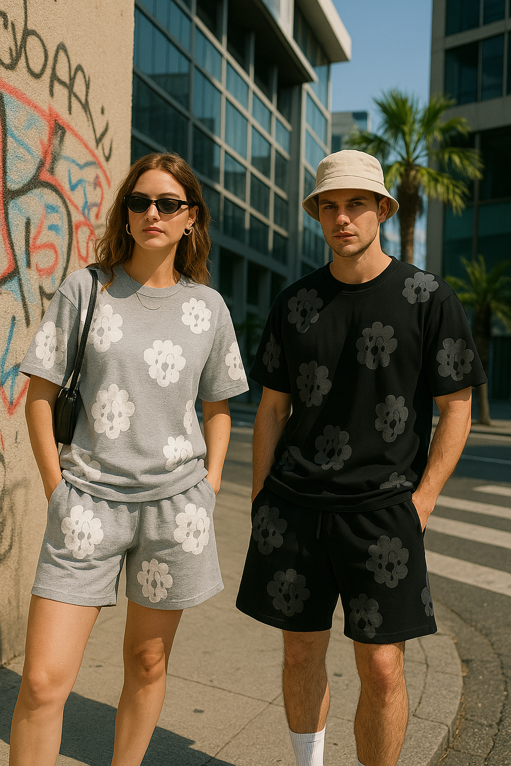 FLOWER KISS – Completo corto in denim con stampa corona unica | Streetwear estivo