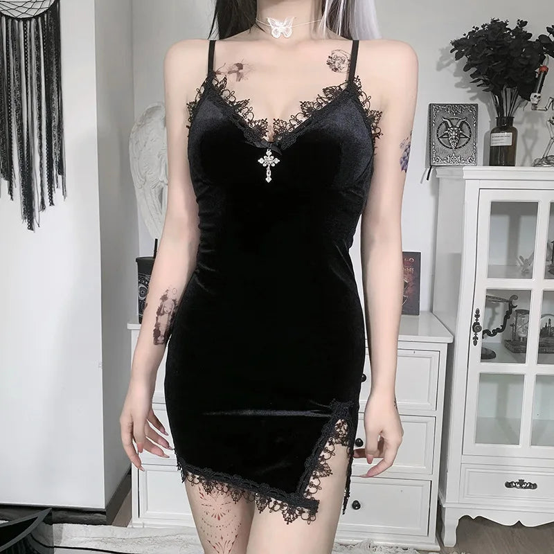 Dames Mini Jurk Vintage Goth Stijl met Spaghetti Bandjes voor Avondkleding-5