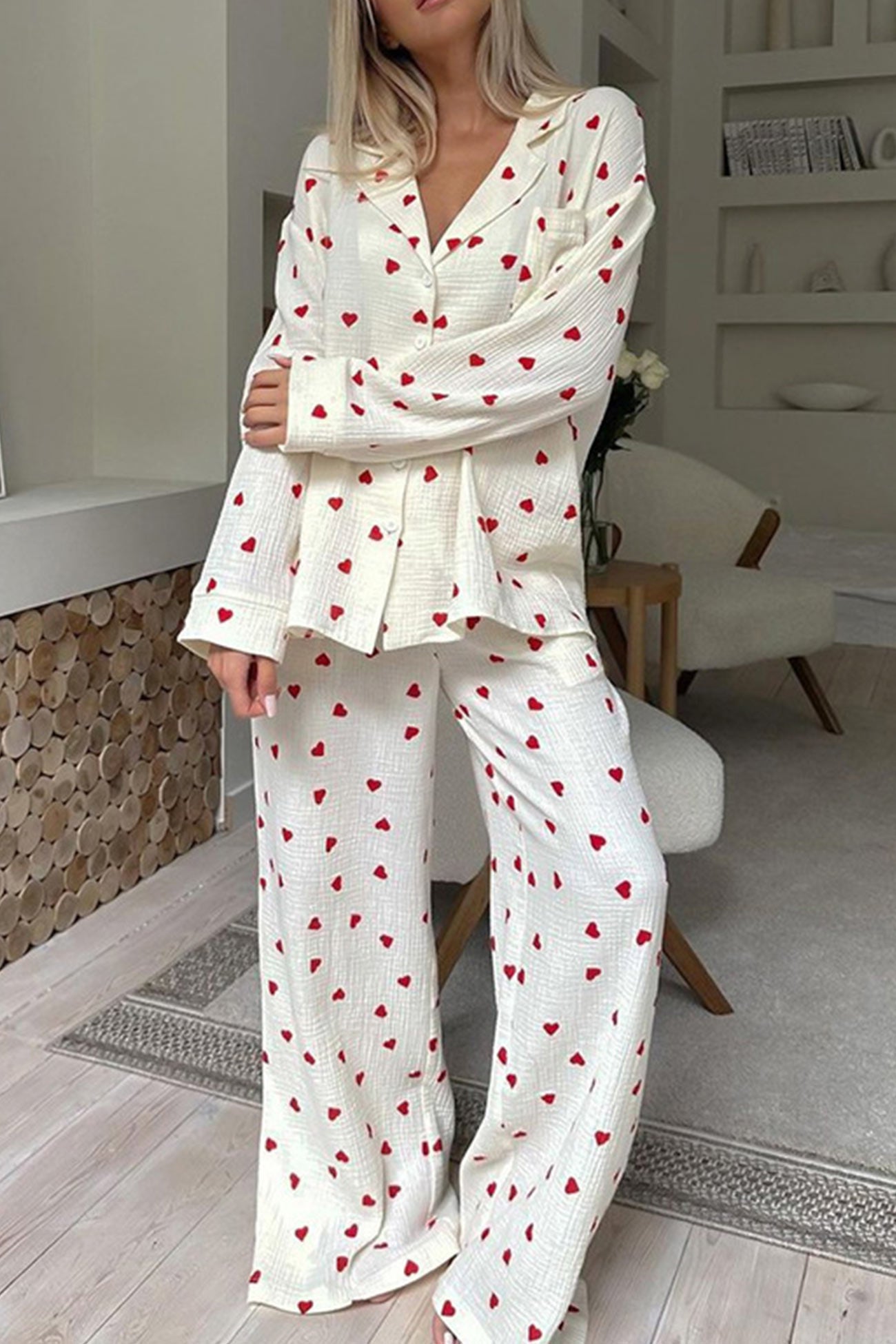 Dames Pyjama Set Wit M Katoen Hartjesprint Comfortabele Warme Pyjama Voor Vrouwen-4