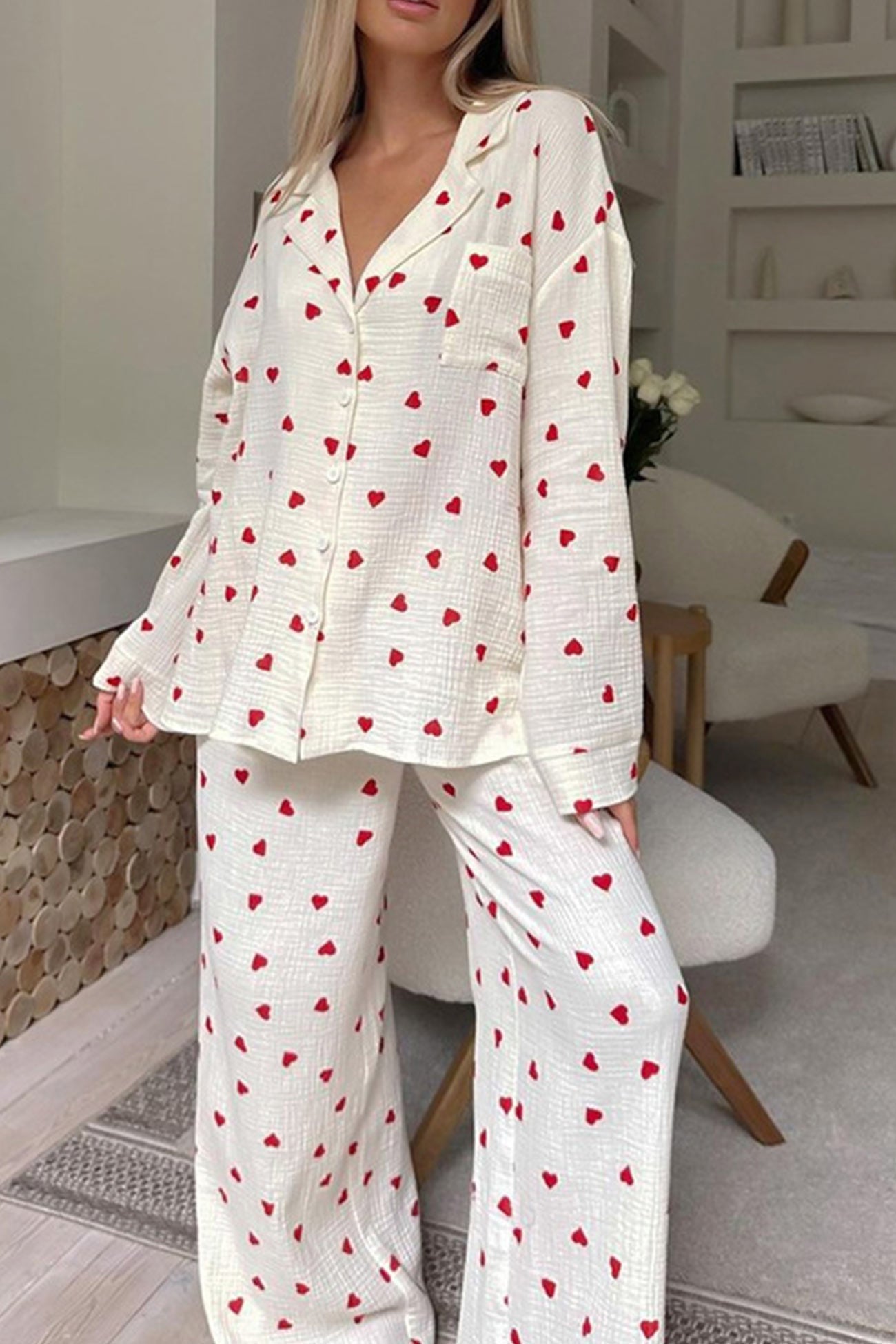 Variant image for Dames Pyjama Set Wit M Katoen Hartjesprint Comfortabele Warme Pyjama Voor Vrouwen-2