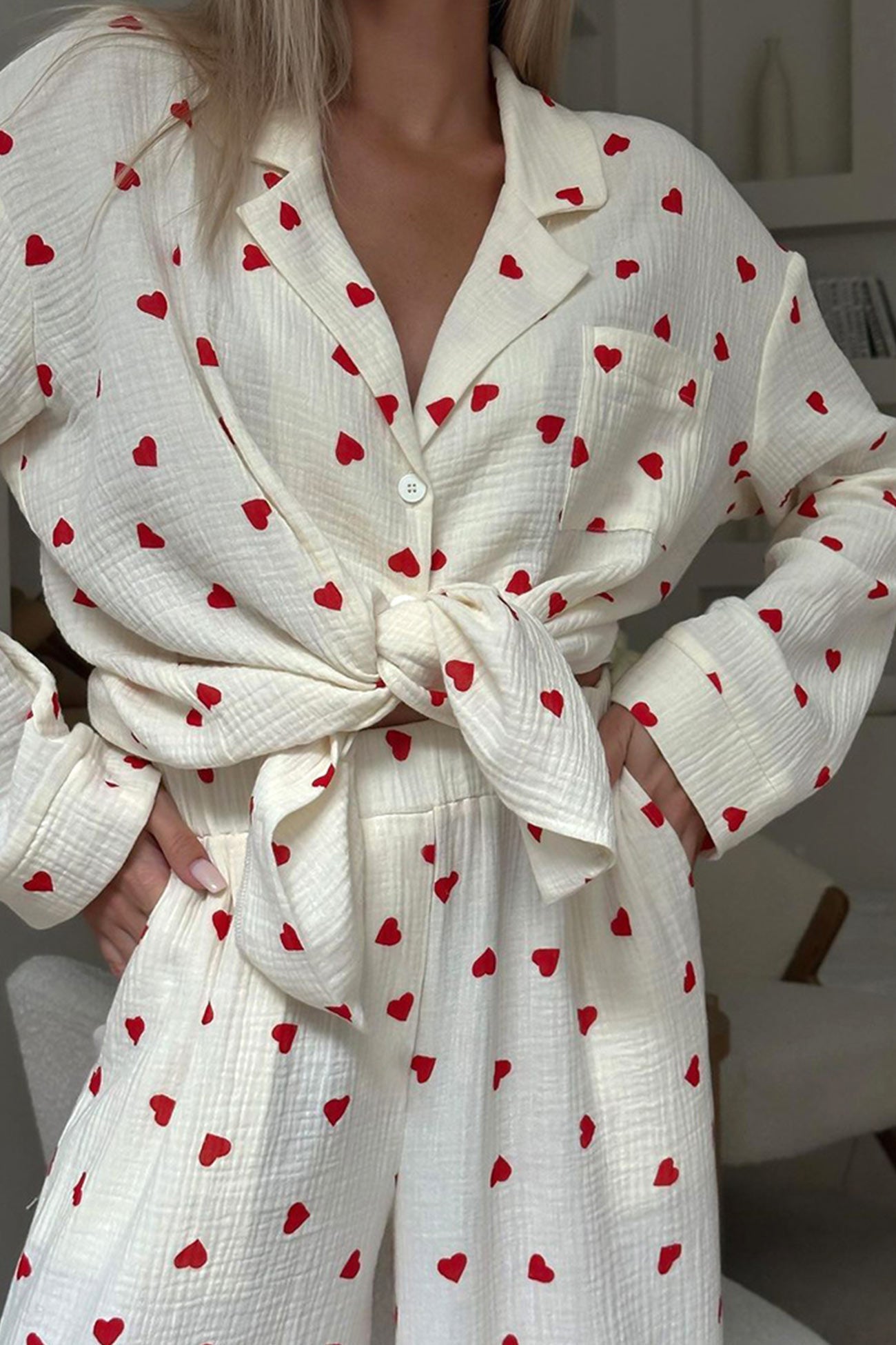 Variant image for Dames Pyjama Set Wit M Katoen Hartjesprint Comfortabele Warme Pyjama Voor Vrouwen-3