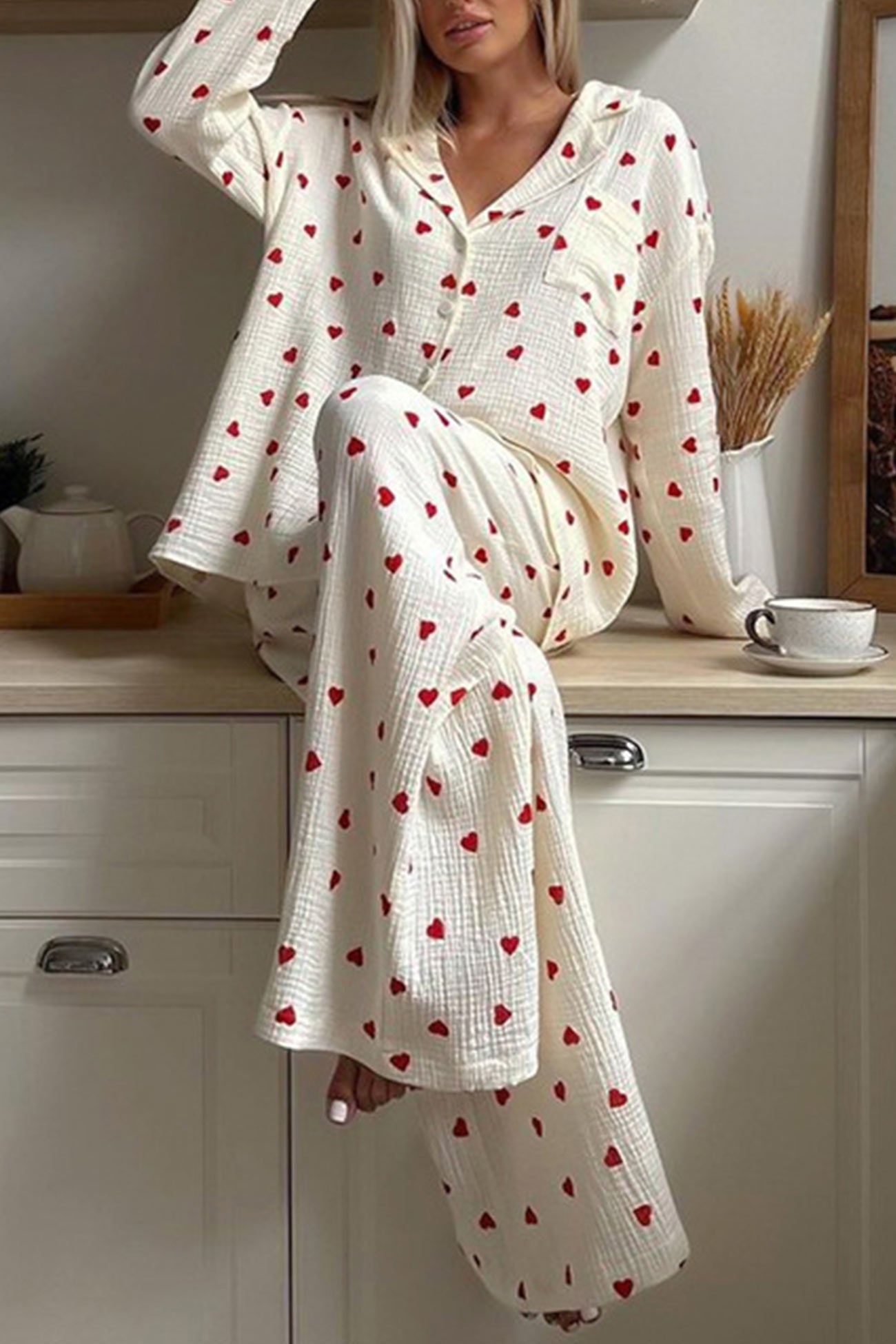 Dames Pyjama Set Wit M Katoen Hartjesprint Comfortabele Warme Pyjama Voor Vrouwen-5