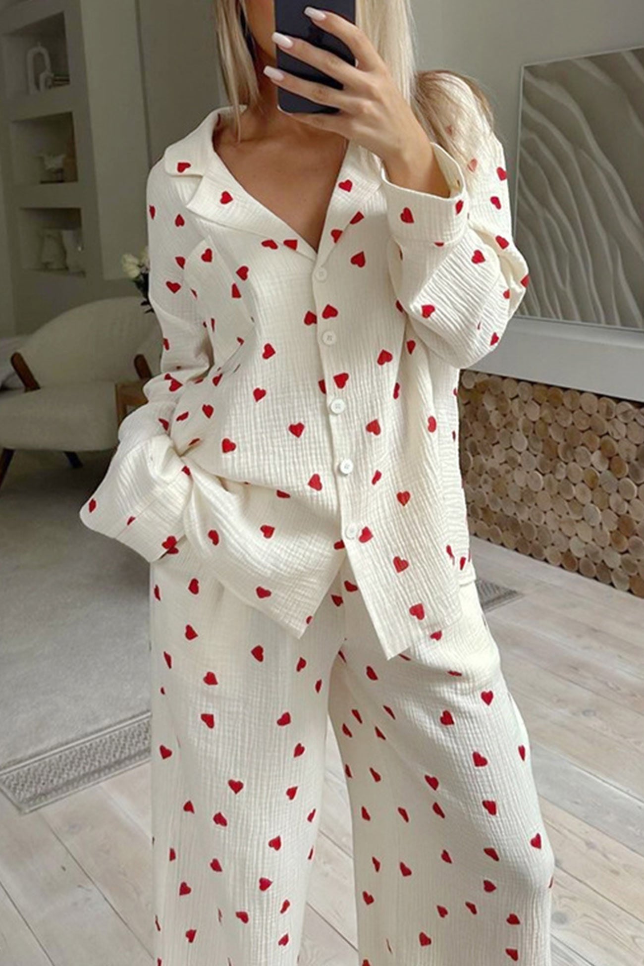 Variant image for Dames Pyjama Set Wit M Katoen Hartjesprint Comfortabele Warme Pyjama Voor Vrouwen-4