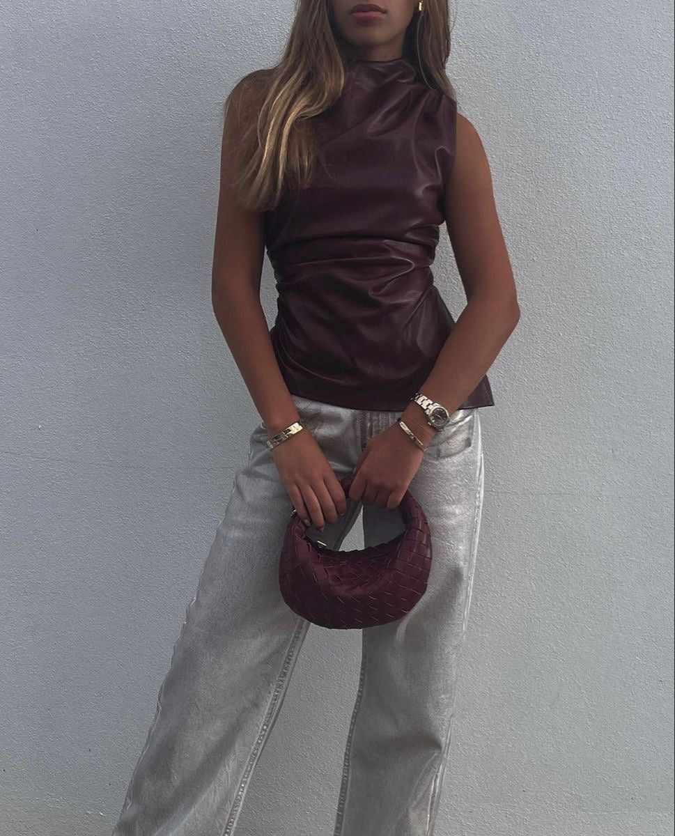 Dames Top Leren Edgy Style Wijnrood-5