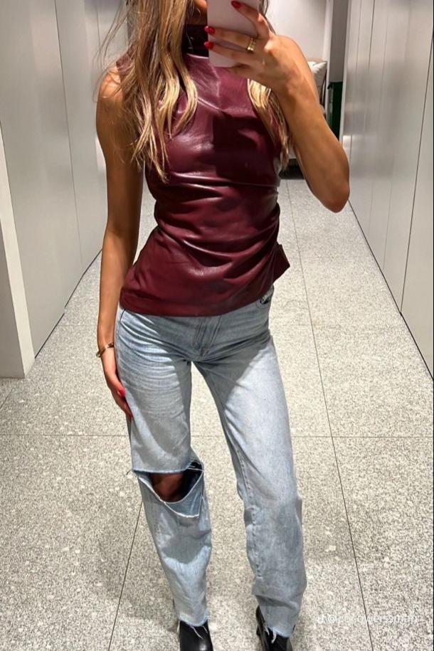 Dames Top Leren Edgy Style Wijnrood-1