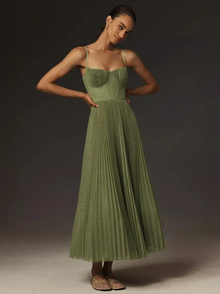 VALENTINA - Vestito midi svasato con bustier in tulle plissettato