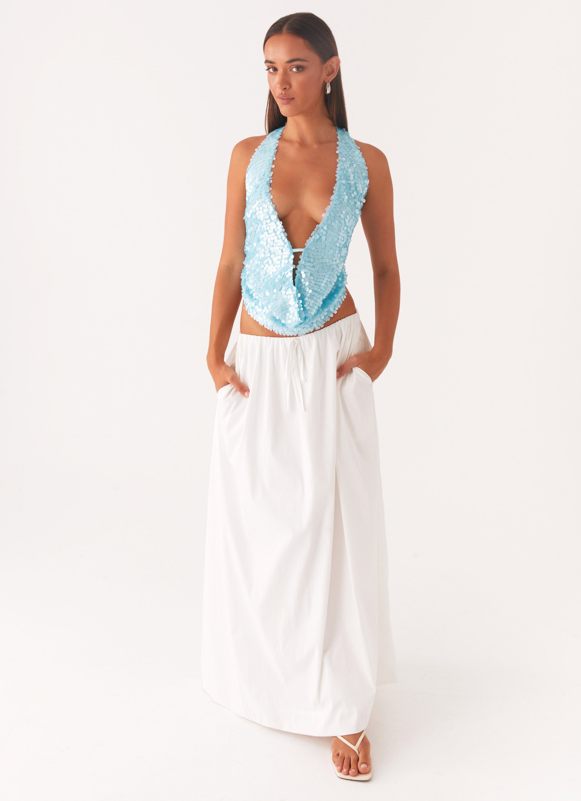 Dames Top Halter Cowl-hals Turquoise met Open Rug-6