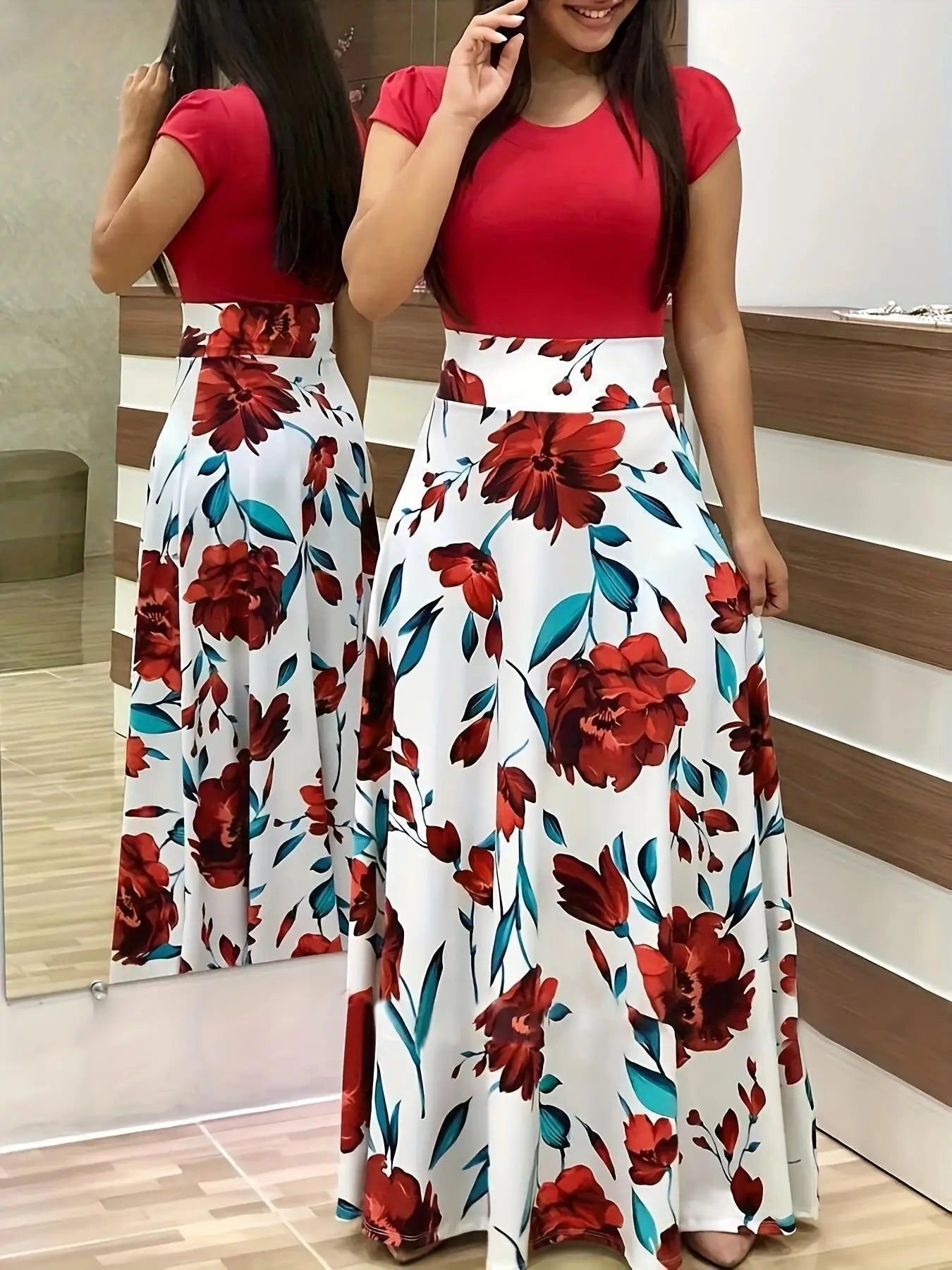 Dames Jurk Korte Mouw met Bloemenprint en Swingrok voor Zomerstijl-1