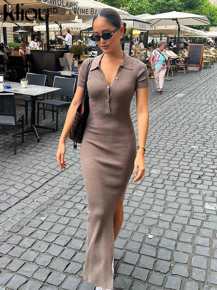 Dames Maxi Jurk Elegante Kantoorstijl met Korte Mouwen en Zijsplit-3