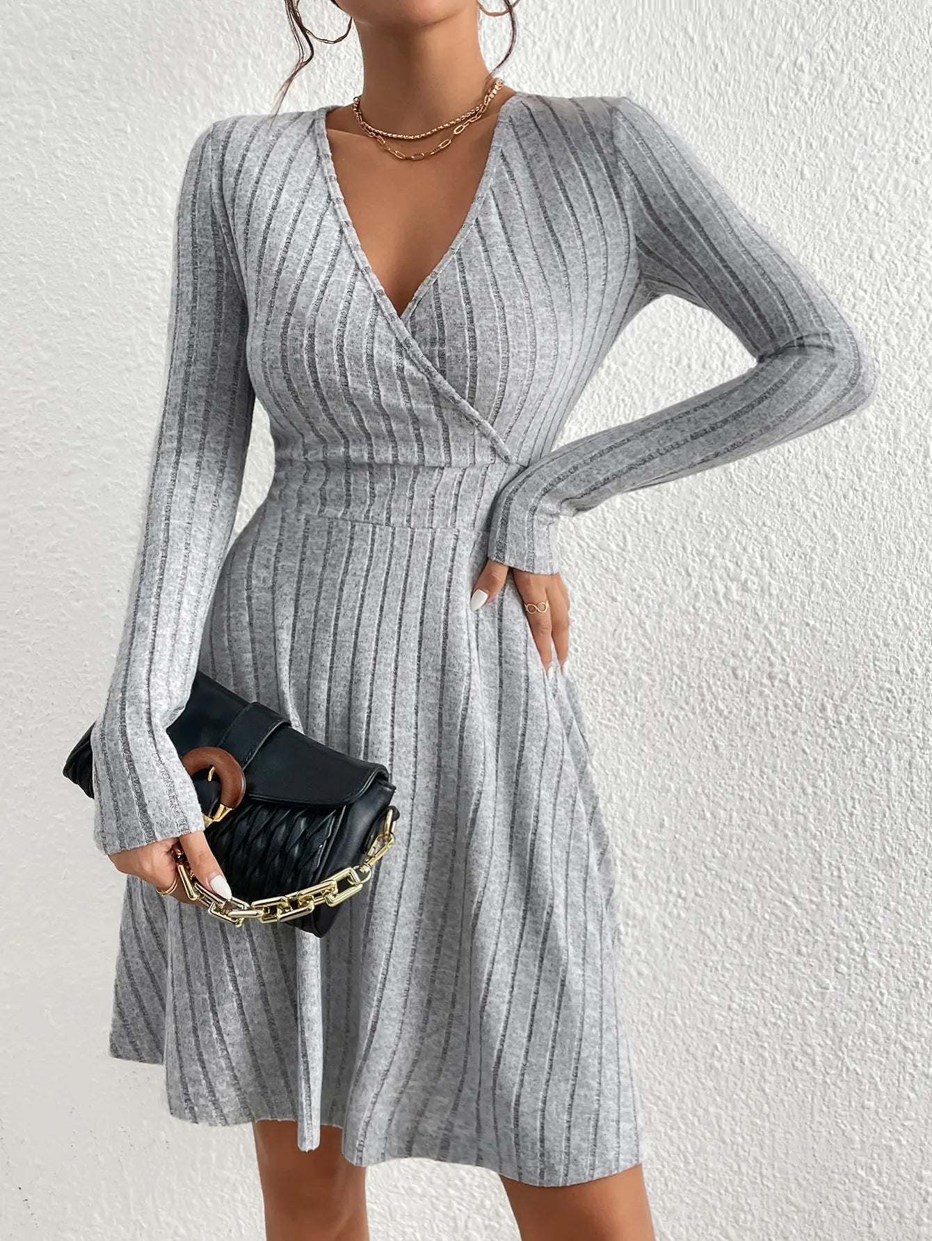 Dames Midi Jurk Zwart Lange Mouw V-hals Bodycon Stijl-4
