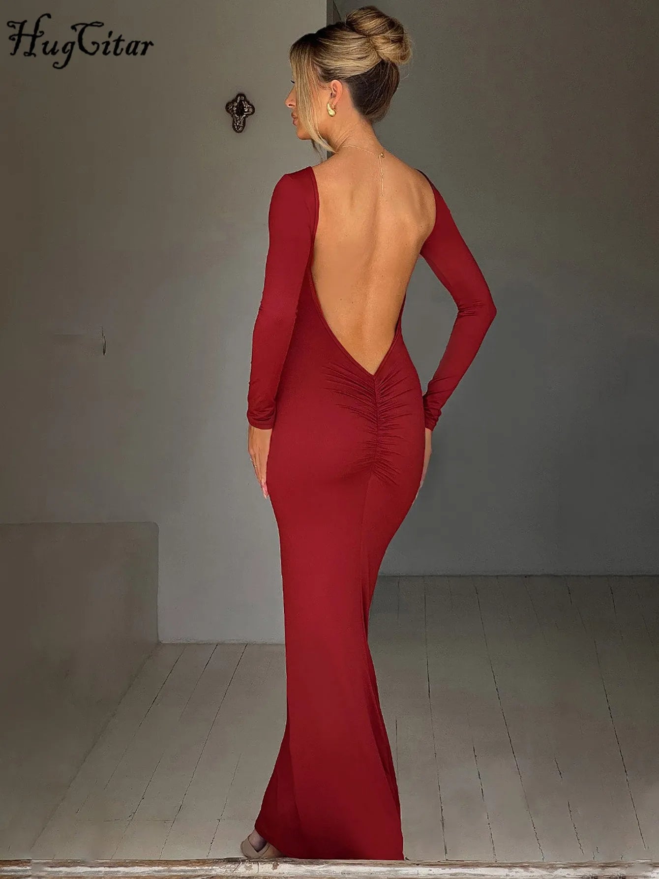 Dames Zwarte Maxi Jurk Lange Mouwen Elegante Bodycon Stijl-6