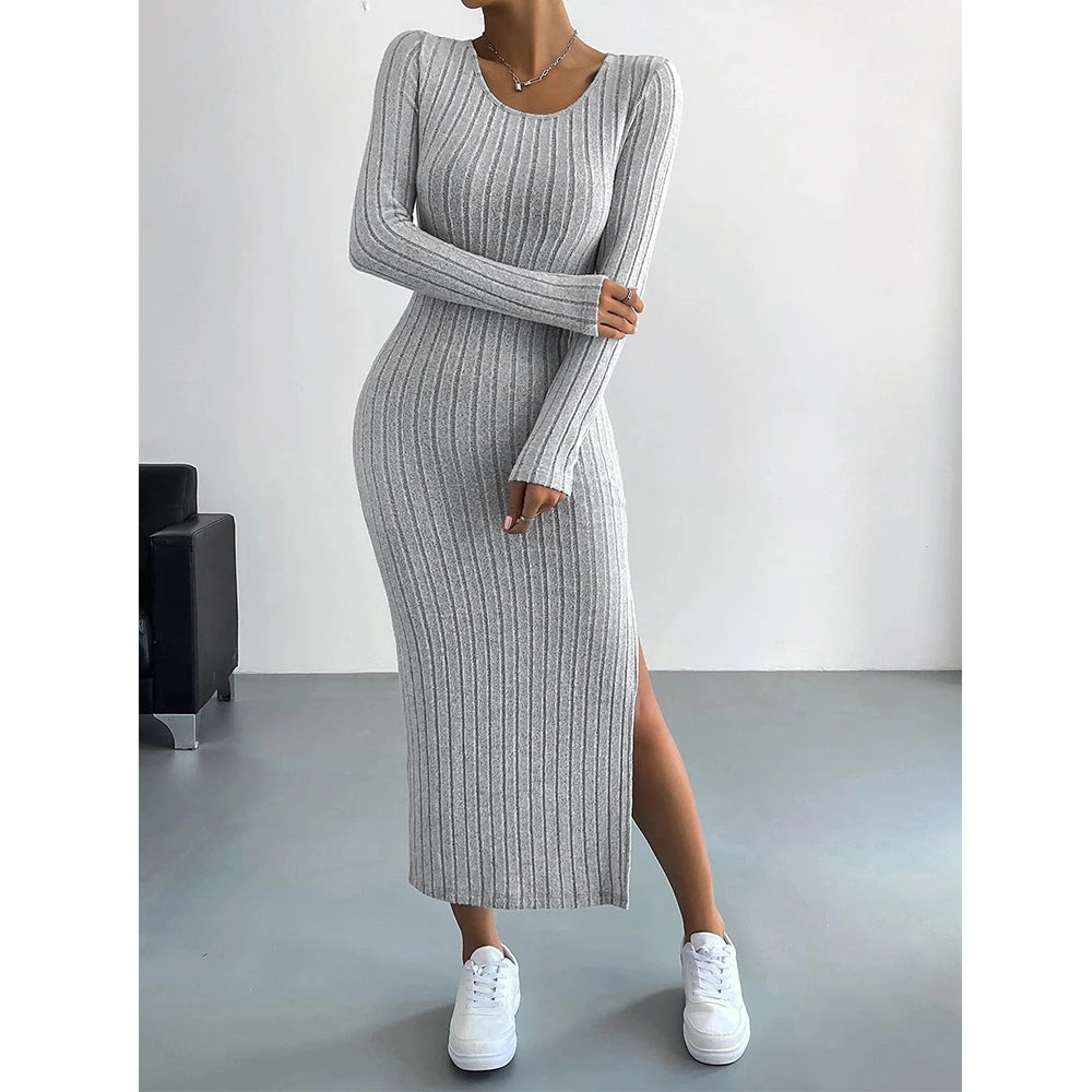 Variant image for Dames Lange Jurk Gebreide Streep met Split voor Herfst en Winter-9