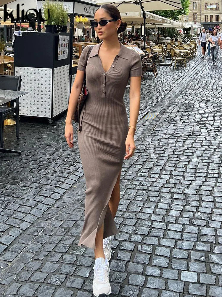 Dames Maxi Jurk Elegante Kantoorstijl met Korte Mouwen en Zijsplit-2