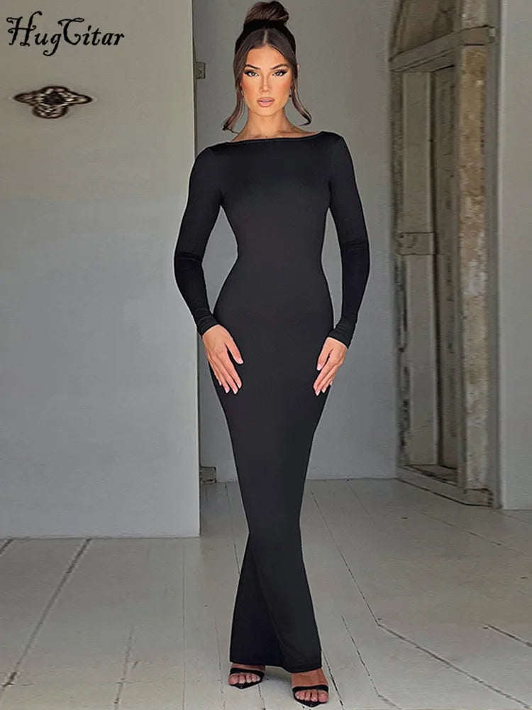 Dames Zwarte Maxi Jurk Lange Mouwen Elegante Bodycon Stijl-3