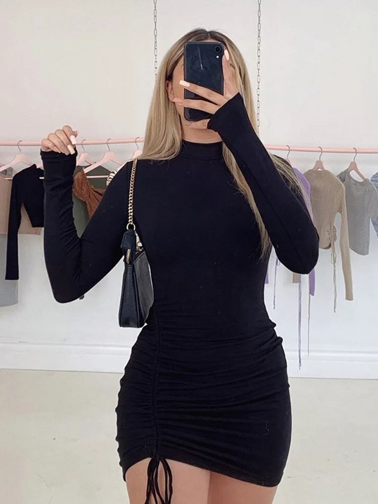 Vrouwen Zwarte Mini Jurk Turtleneck Bodycon Stijl met Ruches-4