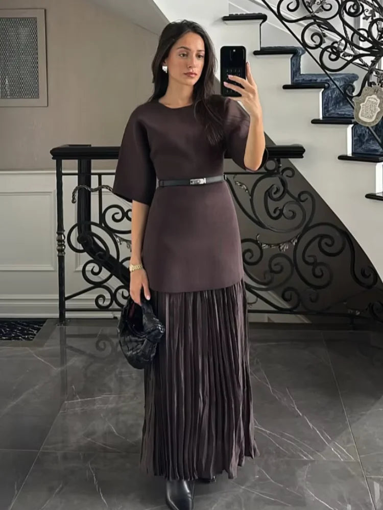 Dames Maxi Jurk Bruin A-Lijn Met Half Lange Mouwen - Elegante Lange Jurk Voor Zomer-3