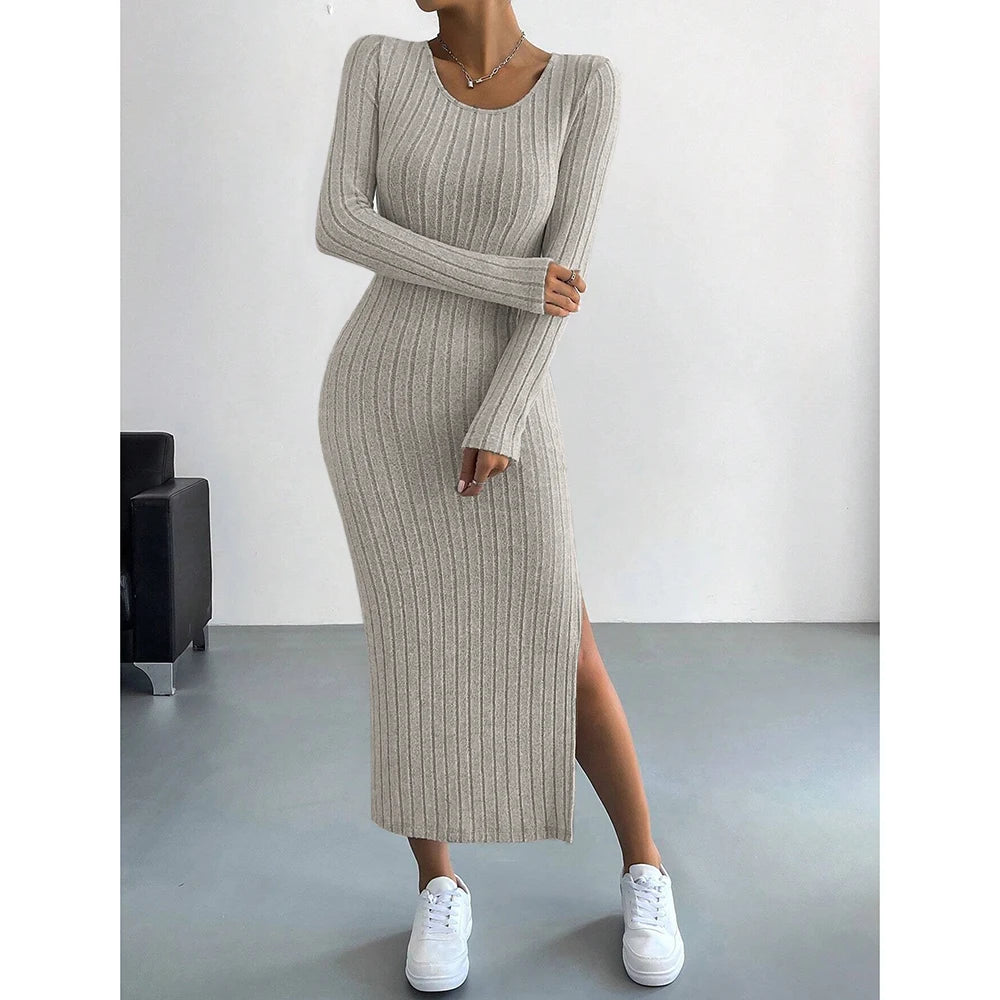 Variant image for Dames Lange Jurk Gebreide Streep met Split voor Herfst en Winter-4