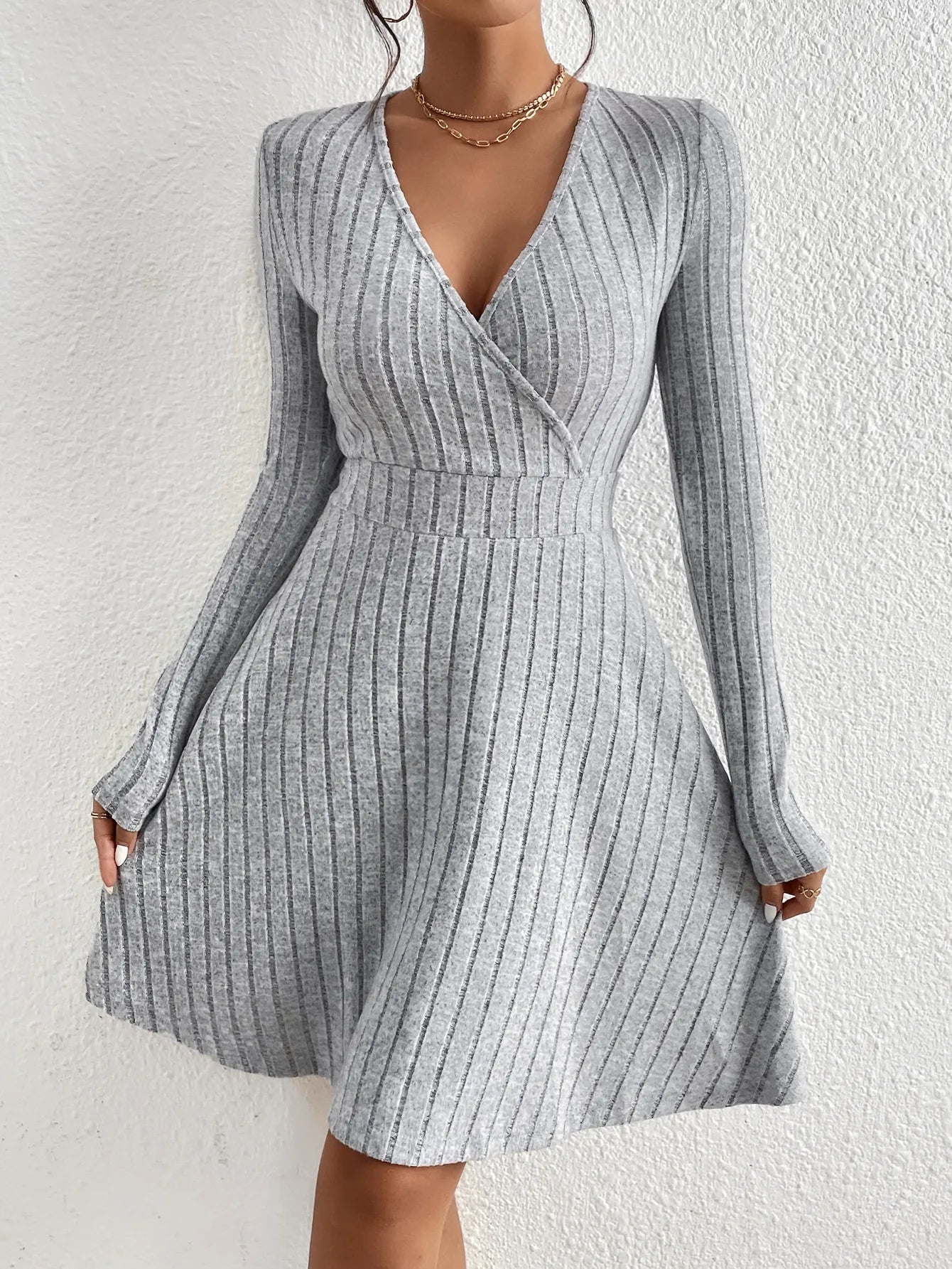Dames Midi Jurk Zwart Lange Mouw V-hals Bodycon Stijl-5