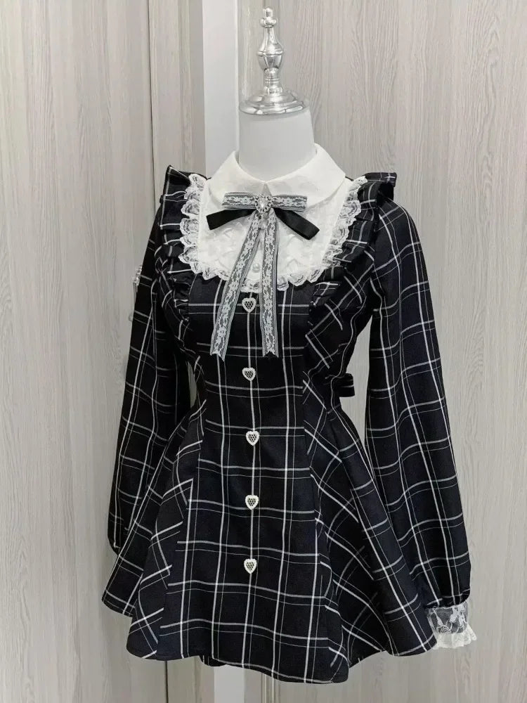 Vrouwen Kawaii Lolita Jurk met Strik en Ruitpatroon-2