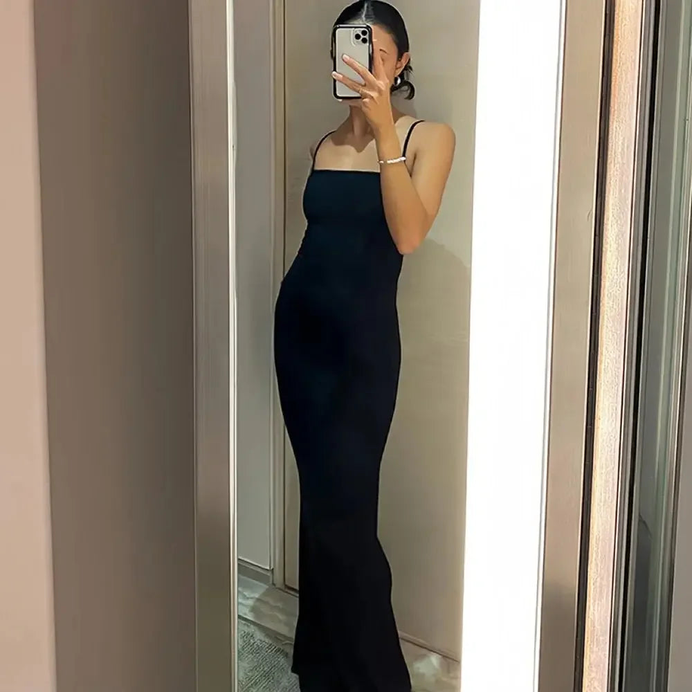 Dames Zwarte Lange Jurk Sexy Mouwloos Maxi Jurk Zomer Elegant Visstaartontwerp-4