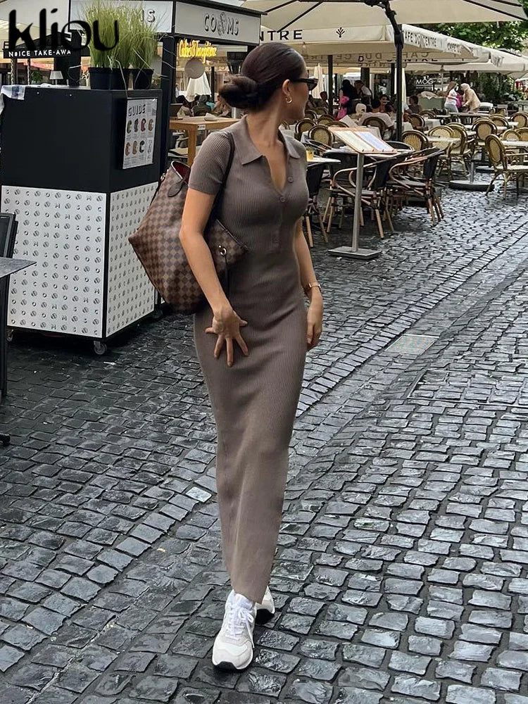 Dames Maxi Jurk Elegante Kantoorstijl met Korte Mouwen en Zijsplit-4