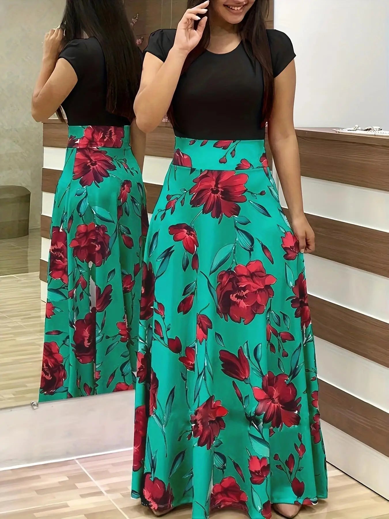 Dames Jurk Korte Mouw met Bloemenprint en Swingrok voor Zomerstijl-4
