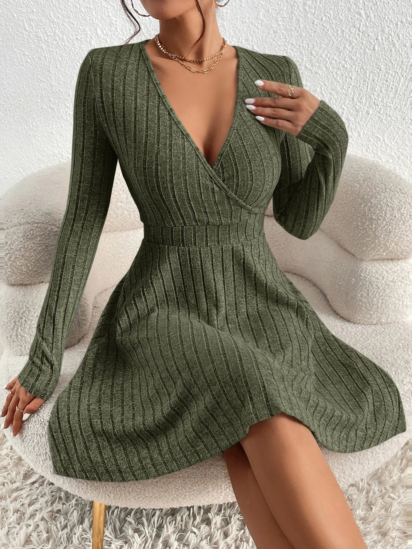 Dames Midi Jurk Zwart Lange Mouw V-hals Bodycon Stijl-1