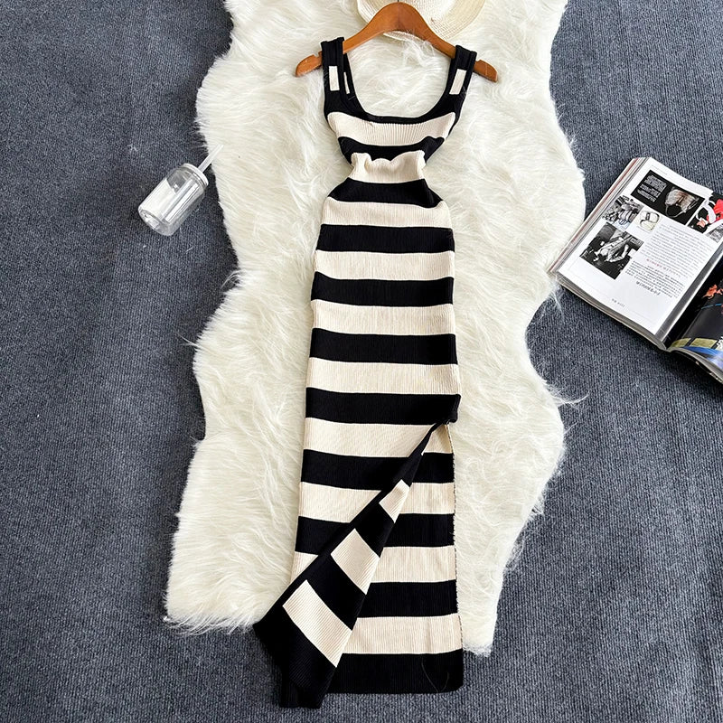 Variant image for Dames Maxi Jurk Zomer met Streepjes en Split voor Casual en Feestelijke Gelegenheden-2
