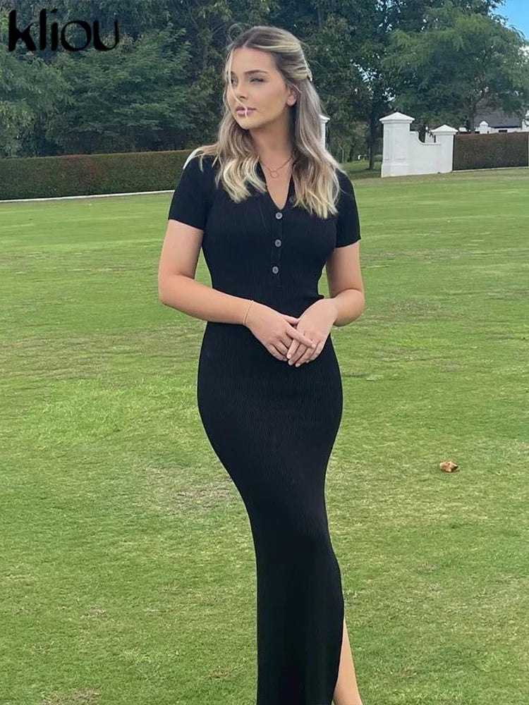 Dames Maxi Jurk Elegante Kantoorstijl met Korte Mouwen en Zijsplit-6