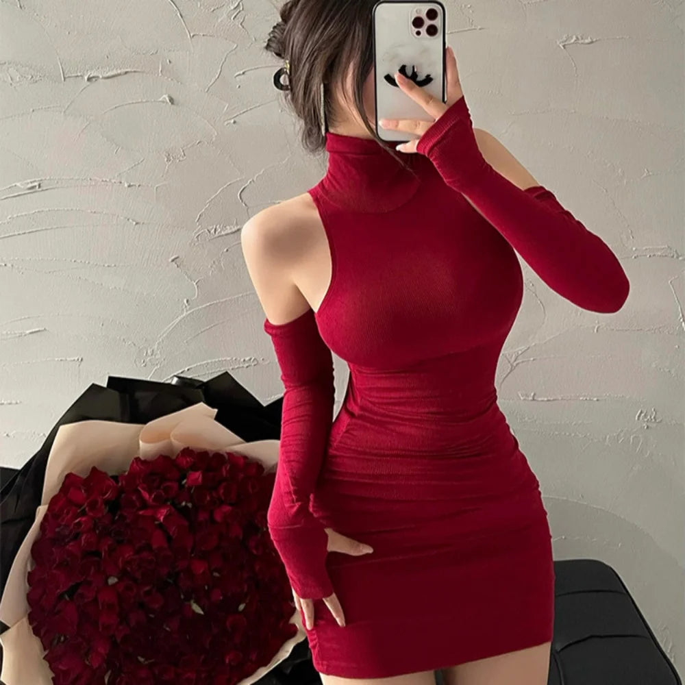 Dames Mini Jurk Hoge Nek Casual Zomerjurkjes Rood-2