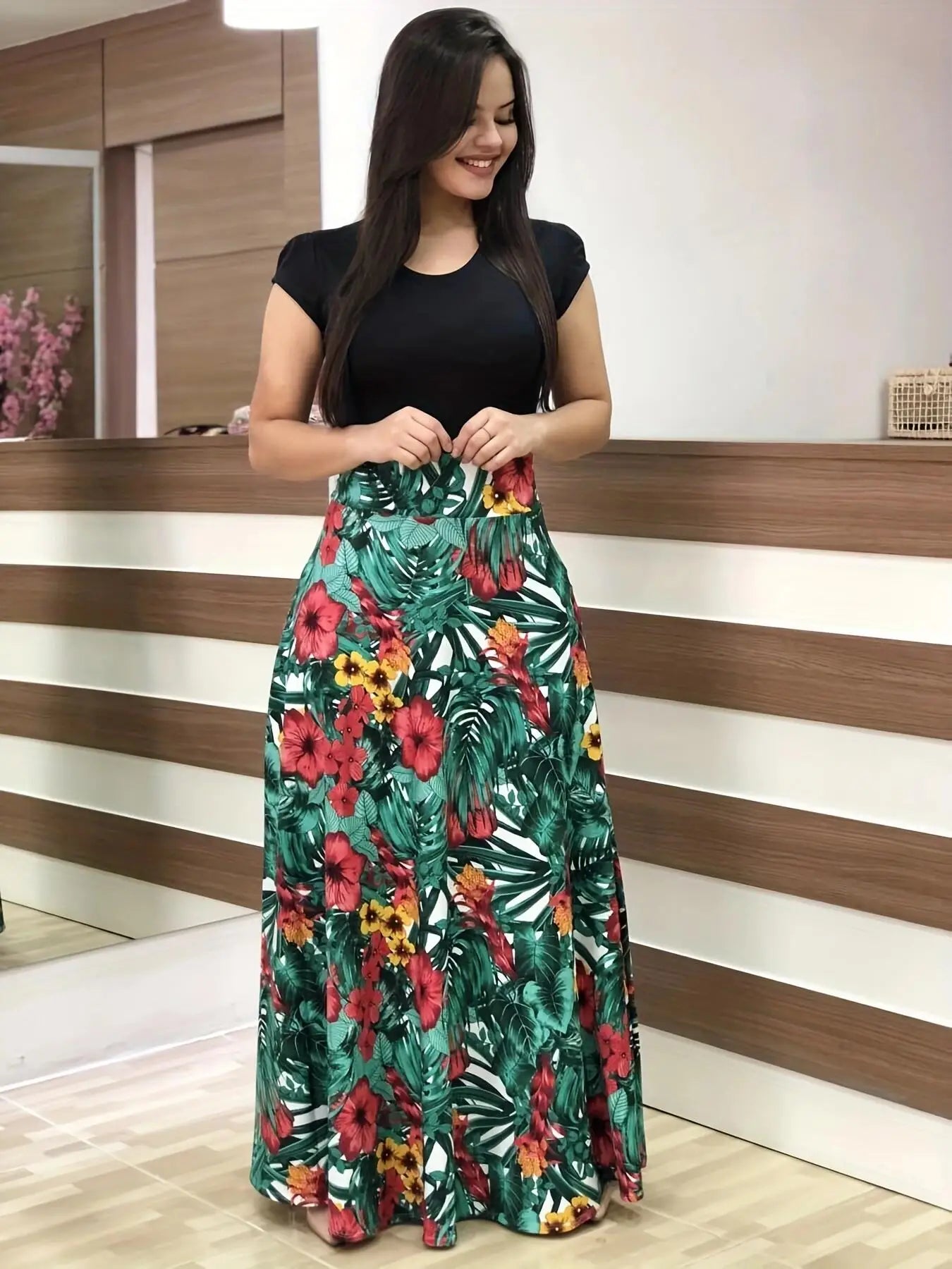 Dames Jurk Korte Mouw met Bloemenprint en Swingrok voor Zomerstijl-3