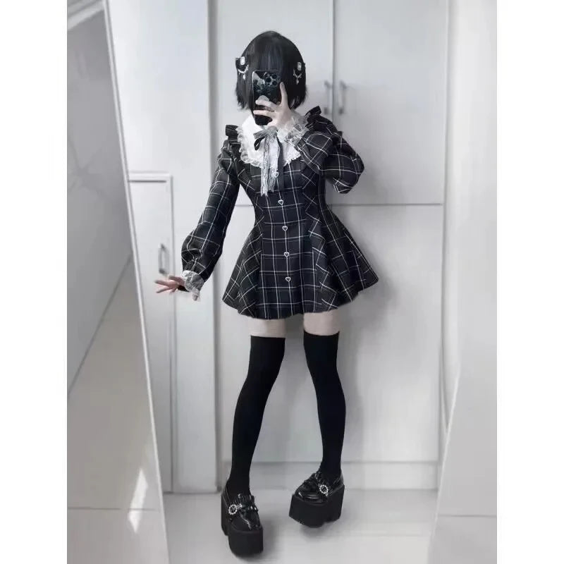 Vrouwen Kawaii Lolita Jurk met Strik en Ruitpatroon-6