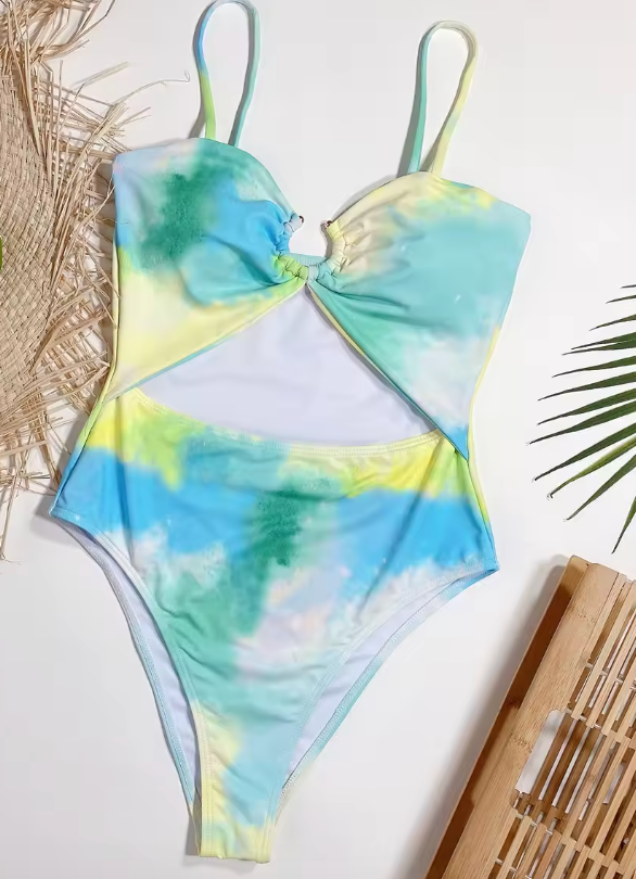Dames Badpak Met Stropdas-Uitsnijding in Opvallend Tie-Dye Patroon-3