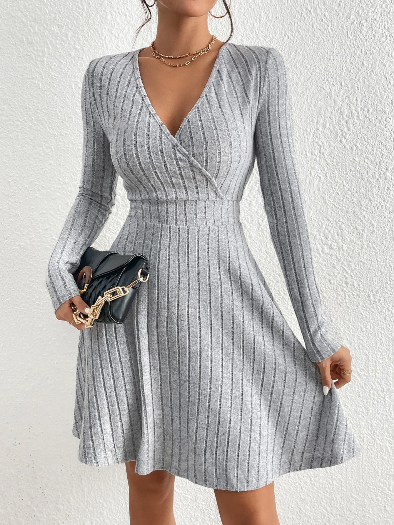 Dames Midi Jurk Zwart Lange Mouw V-hals Bodycon Stijl-6