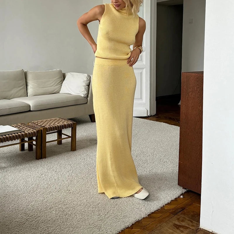 Casual Dames Set - Mouwloze Off-Schouder Tanktop en Ribgebreide Midi Rok in Bodycon Stijl 3