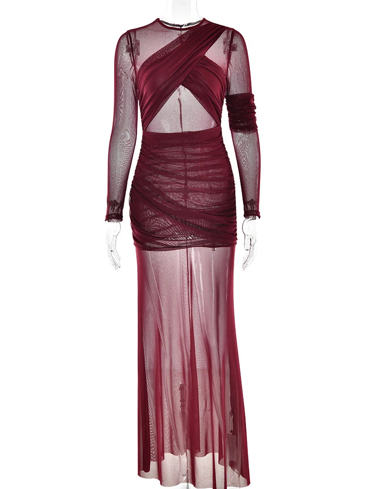 Dames Bodycon Jurk met Lange Mouwen en Mesh Details - Feestelijke Kleding voor een Stijlvolle Uitstraling-1