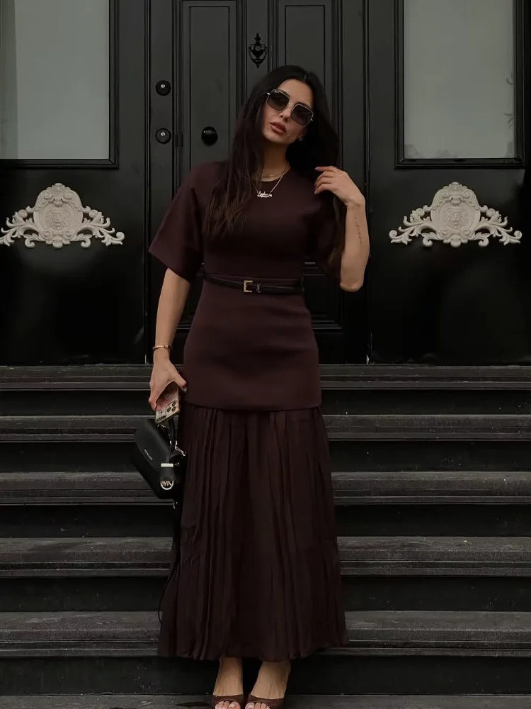 Variant image for Dames Maxi Jurk Bruin A-Lijn Met Half Lange Mouwen - Elegante Lange Jurk Voor Zomer-4