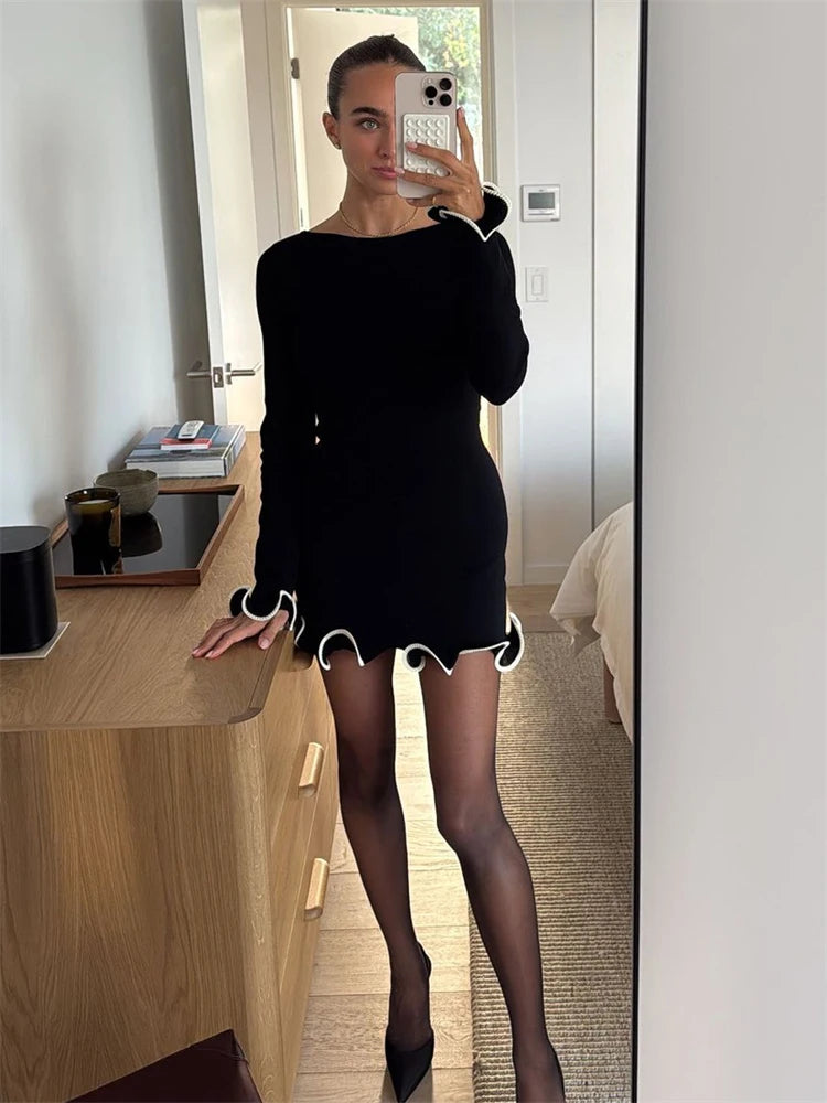Dames Mini Jurk Gebreid met Contrastkleur - Stijlvolle Feestelijke Kleding-6