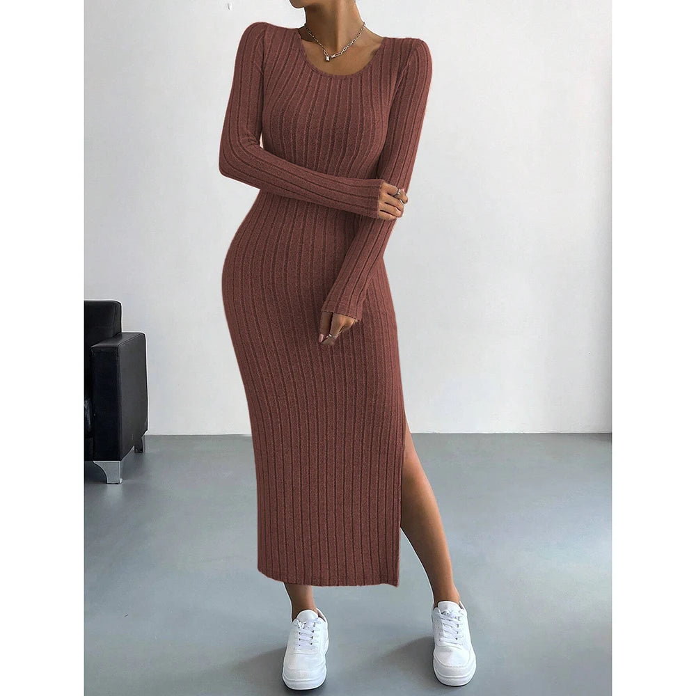 Variant image for Dames Lange Jurk Gebreide Streep met Split voor Herfst en Winter-5