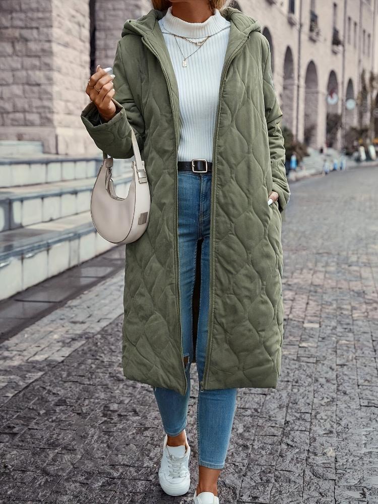 LARA - Chaqueta de plumón verde elegante con capucha para mujer - Abrigo largo acolchado