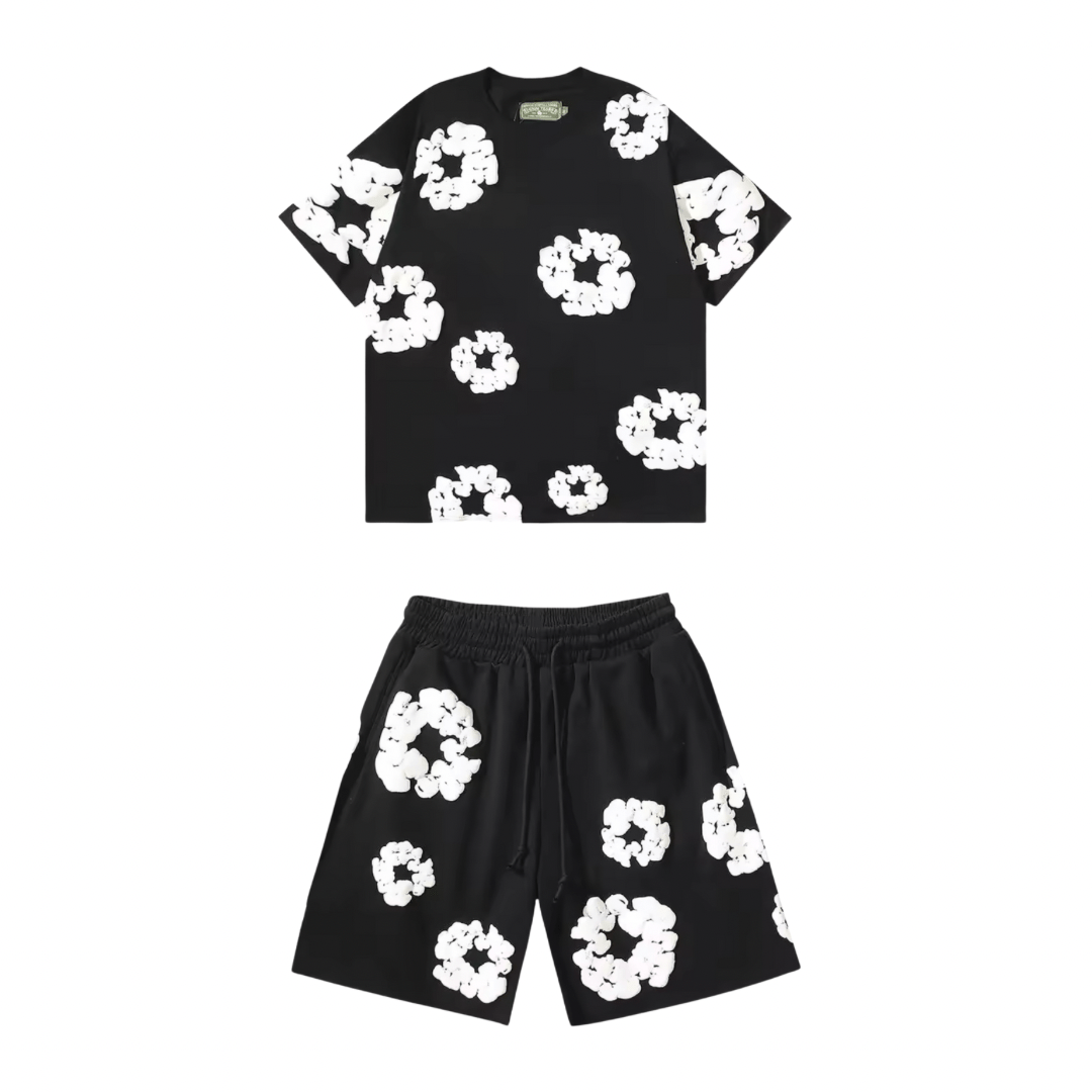 FLOWER KISS – Denim shortset met unieke wreath-print | Streetwear zomer