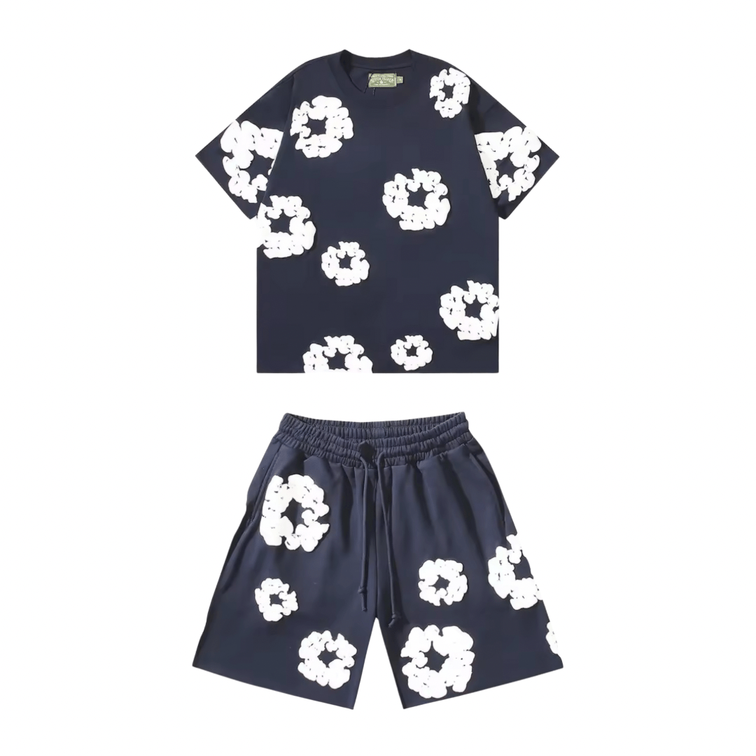 FLOWER KISS – Completo corto in denim con stampa corona unica | Streetwear estivo